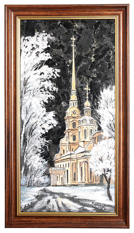 Картина из камня "Петропавловка" Лабрадорит, кионит, мрамор, барит, лидит, янтарь, яшма - Ручная работа (в зависимости от наличия камня) инфо 8747i.